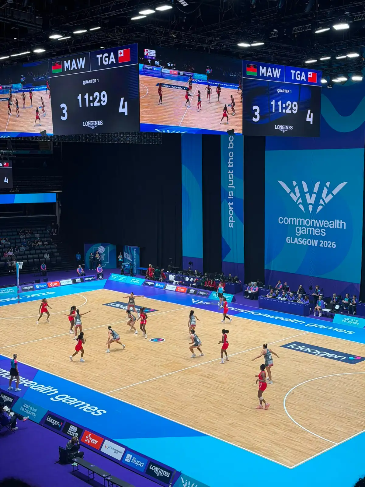 Malawi playing Tonga on court at the netball at the Commonwealth Games in Glasgow, 2026
