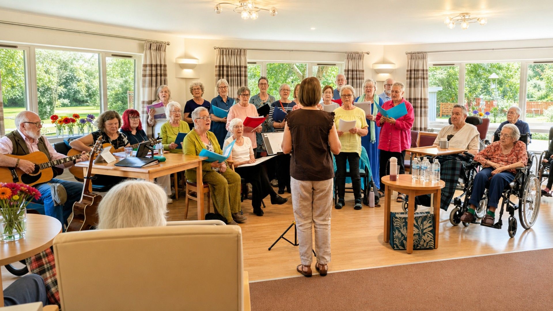 Residents and visitors singing together with a choir in the lounge at Redwoods Care Home in Alness
