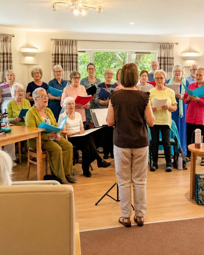 Residents and visitors singing together with a choir in the lounge at Redwoods Care Home in Alness