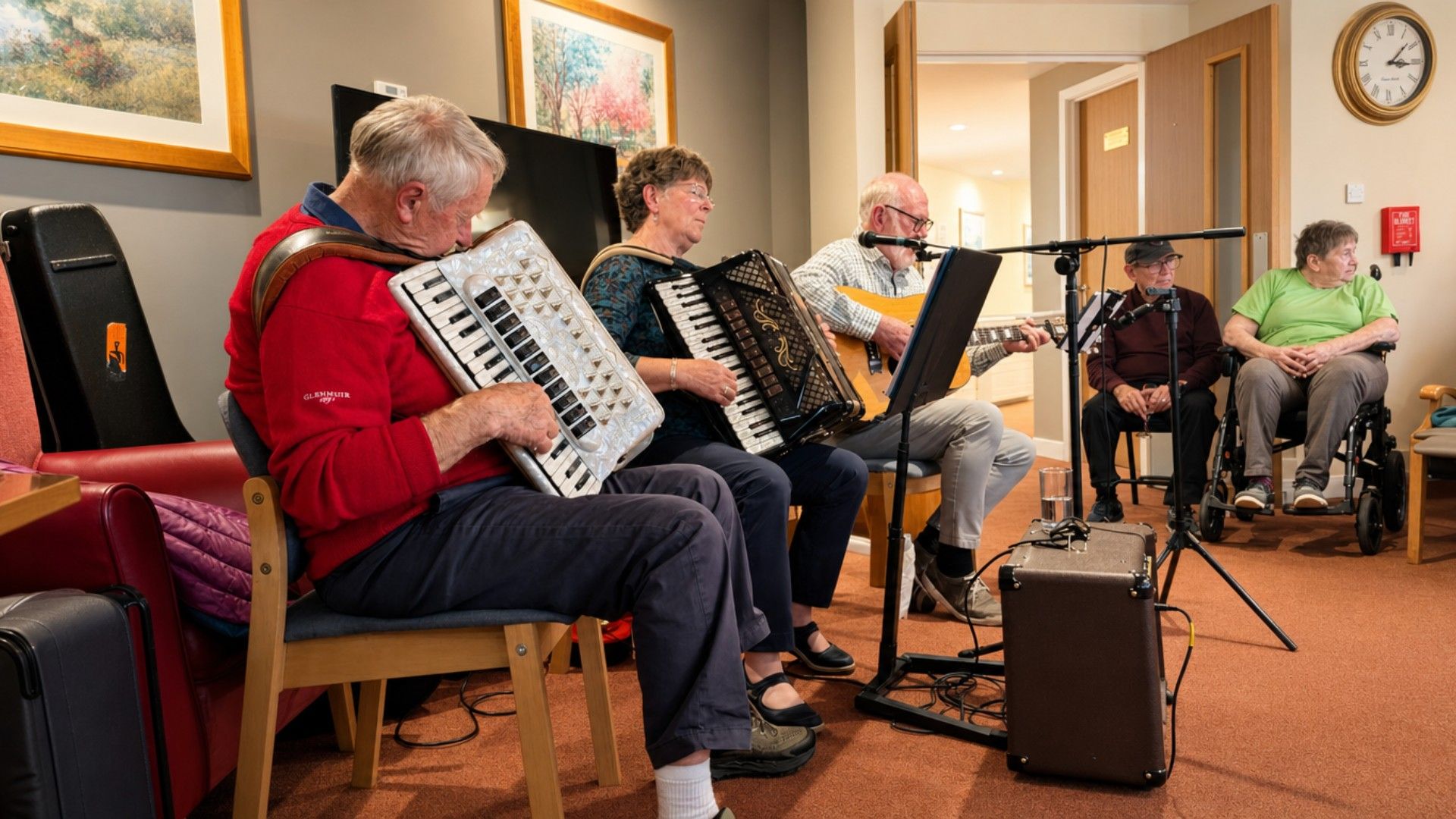 Residents listening to live accordion music in the lounge at Redwoods Care Home in Alness