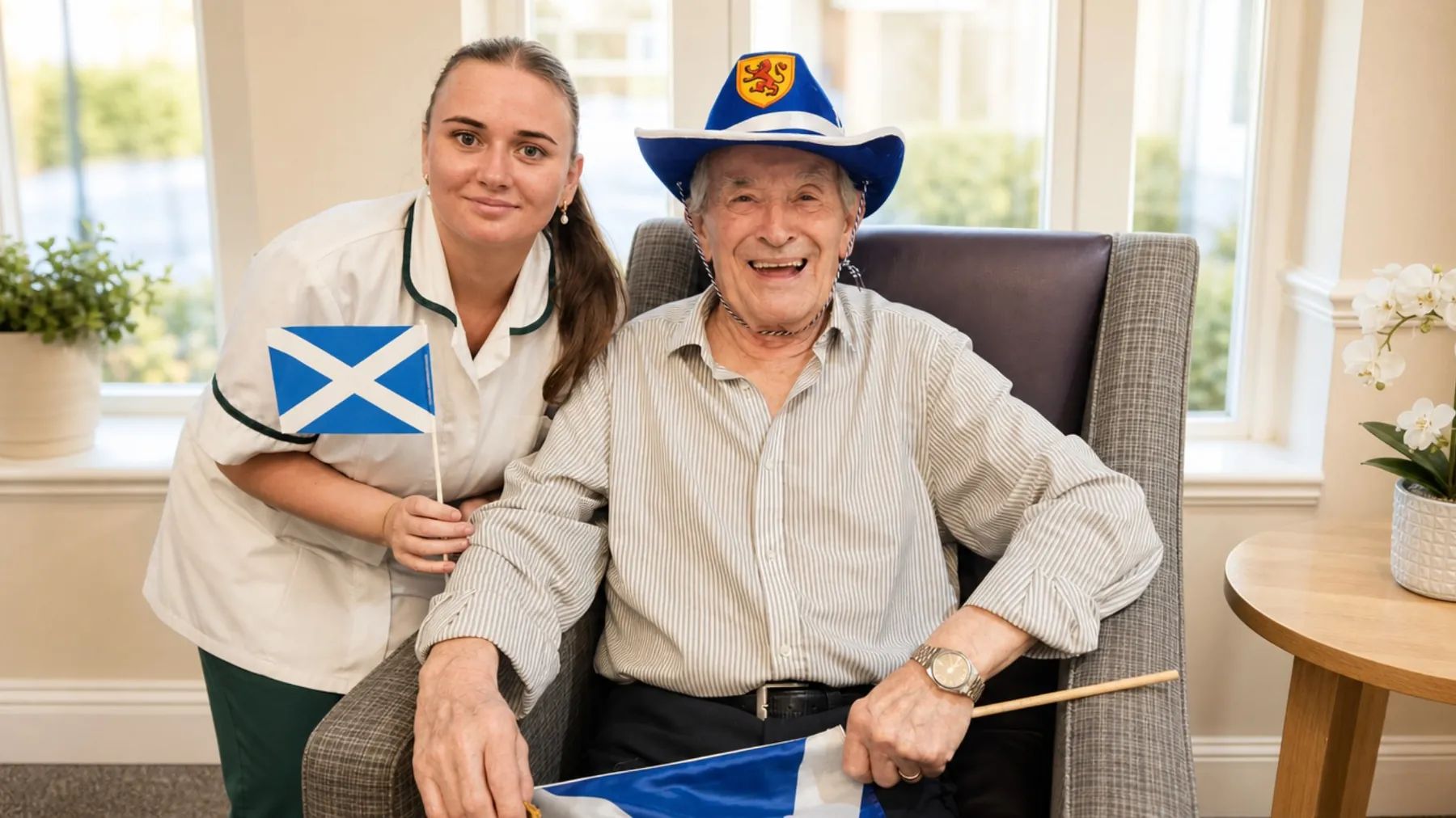 A resident holding a Saltire during a Scottish themed celebration at St Modans Care Home in Fraserburgh