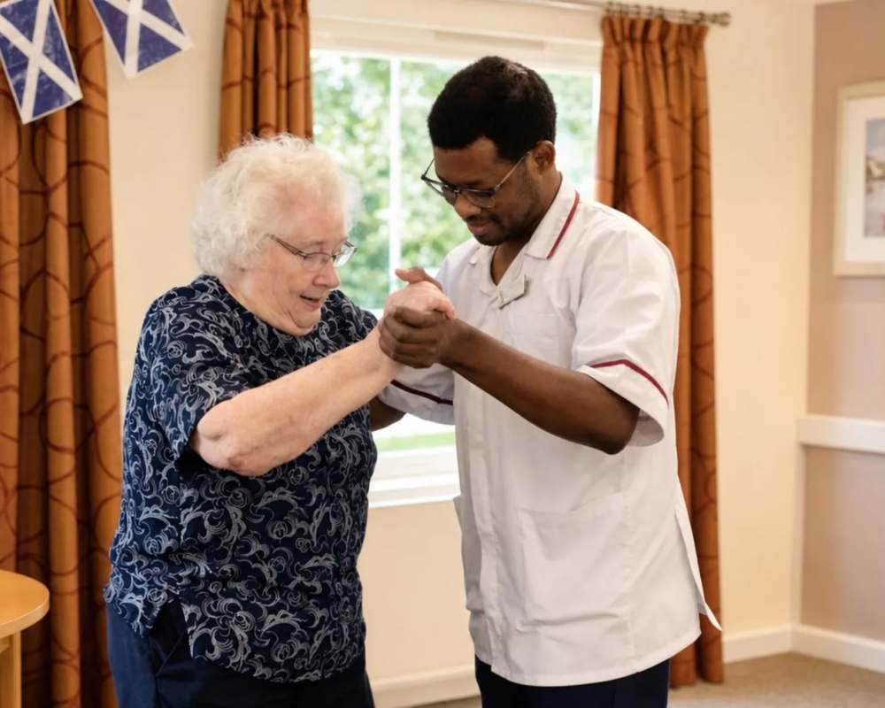 A colleague dancing hand in hand with a resident at St Olaf Care Home in Nairn