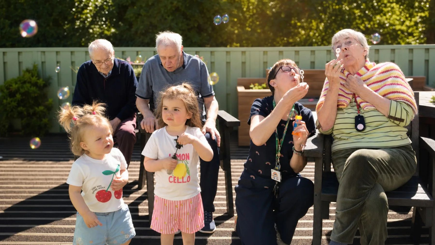 Residents, families and children enjoying a summer garden party at St Olaf Care Home in Nairn