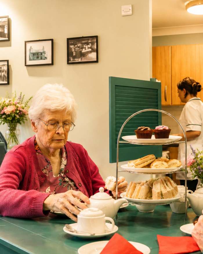Residents and colleagues sharing afternoon tea around the table at Airthrey Care Home in Airth